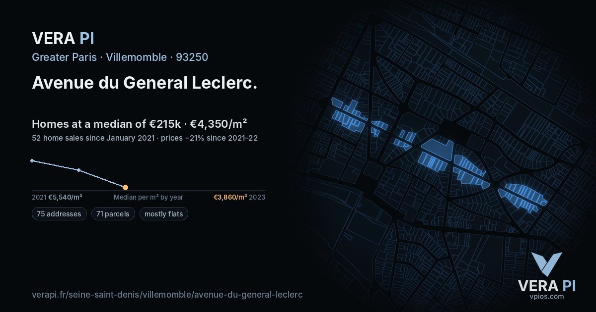 Avenue du General Leclerc, Villemomble at night – every parcel coloured by the prices around it, the street's own parcels lit