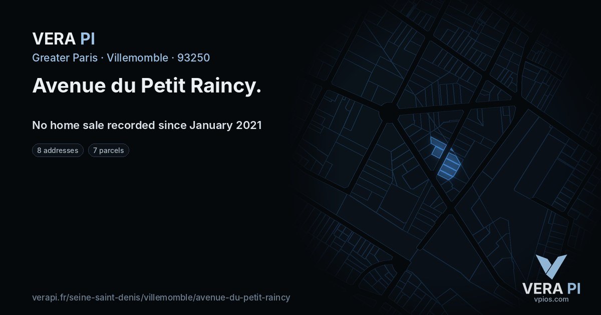 Avenue du Petit Raincy, Villemomble at night – every parcel coloured by the prices around it, the street's own parcels lit