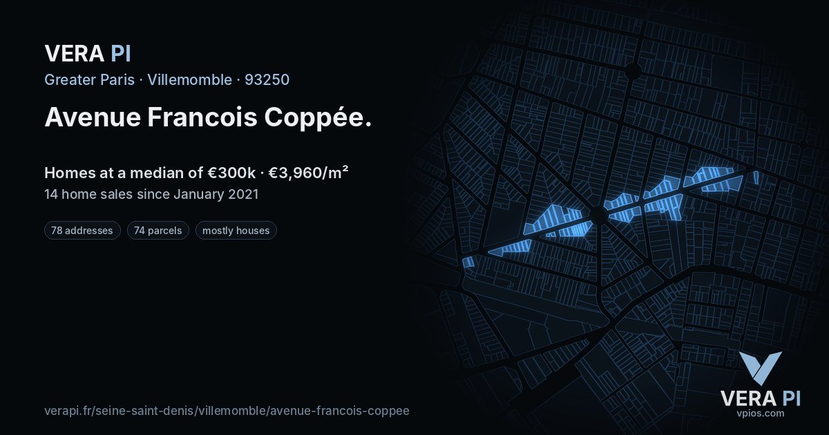 Avenue Francois Coppée, Villemomble at night – every parcel coloured by the prices around it, the street's own parcels lit