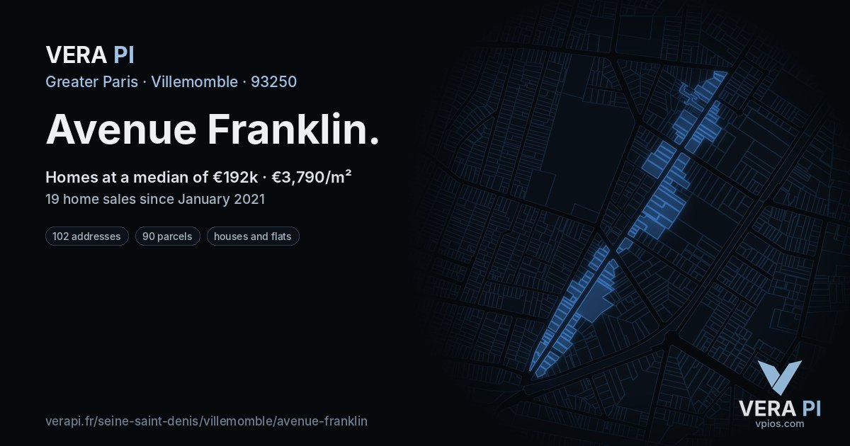 Avenue Franklin, Villemomble at night – every parcel coloured by the prices around it, the street's own parcels lit