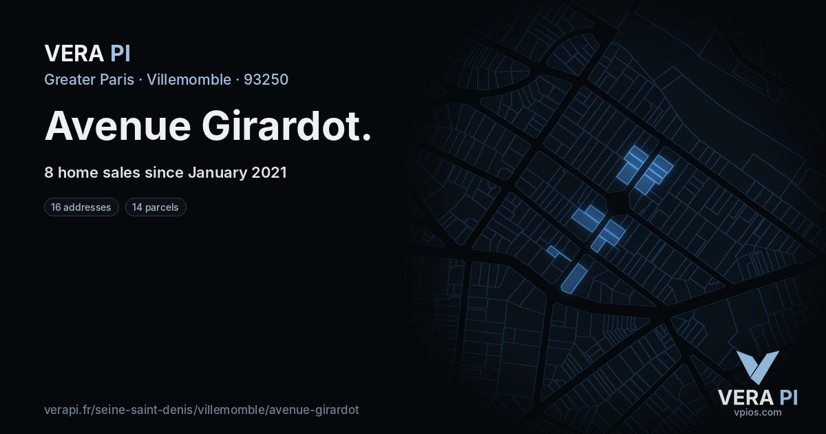 Avenue Girardot, Villemomble at night – every parcel coloured by the prices around it, the street's own parcels lit