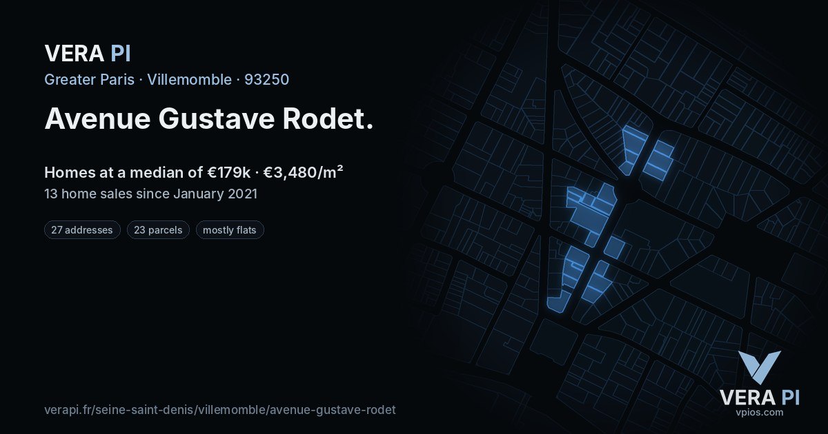 Avenue Gustave Rodet, Villemomble at night – every parcel coloured by the prices around it, the street's own parcels lit
