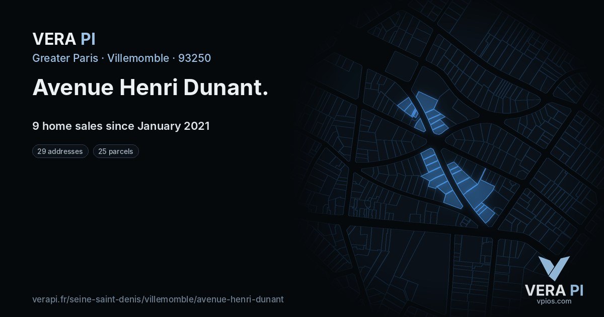 Avenue Henri Dunant, Villemomble at night – every parcel coloured by the prices around it, the street's own parcels lit