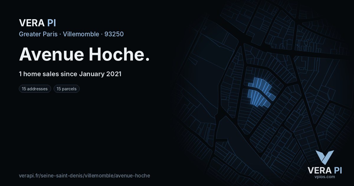 Avenue Hoche, Villemomble at night – every parcel coloured by the prices around it, the street's own parcels lit