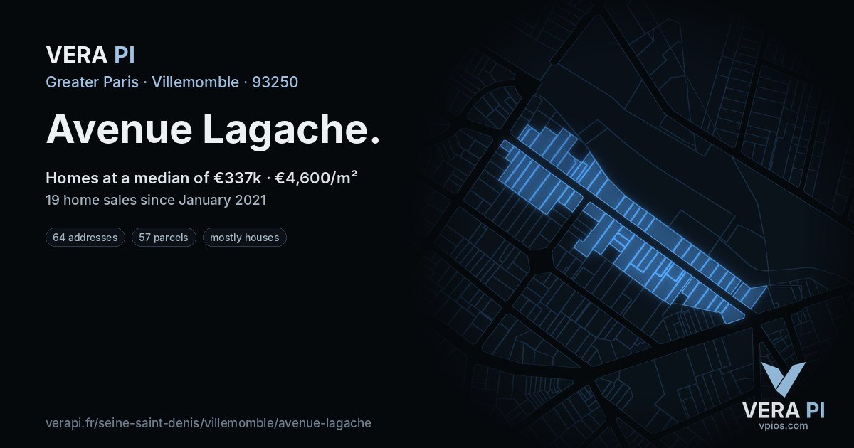 Avenue Lagache, Villemomble at night – every parcel coloured by the prices around it, the street's own parcels lit