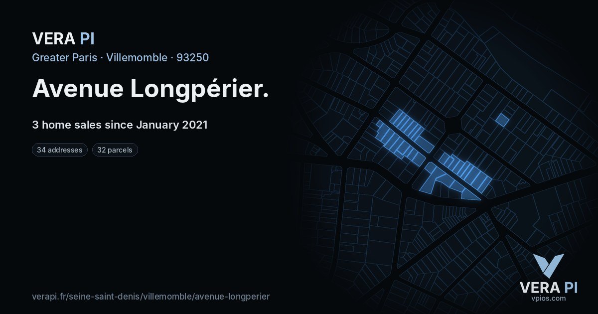 Avenue Longpérier, Villemomble at night – every parcel coloured by the prices around it, the street's own parcels lit