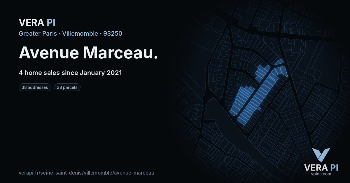 Avenue Marceau, Villemomble at night – every parcel coloured by the prices around it, the street's own parcels lit