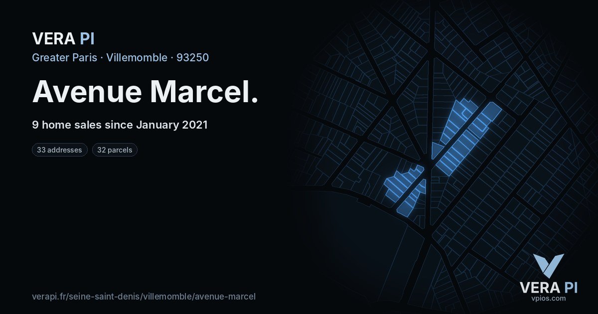 Avenue Marcel, Villemomble at night – every parcel coloured by the prices around it, the street's own parcels lit