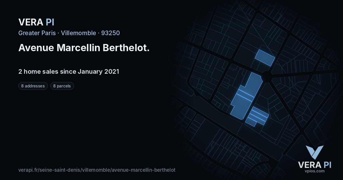 Avenue Marcellin Berthelot, Villemomble at night – every parcel coloured by the prices around it, the street's own parcels lit