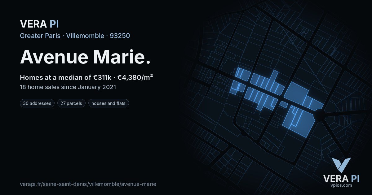 Avenue Marie, Villemomble at night – every parcel coloured by the prices around it, the street's own parcels lit