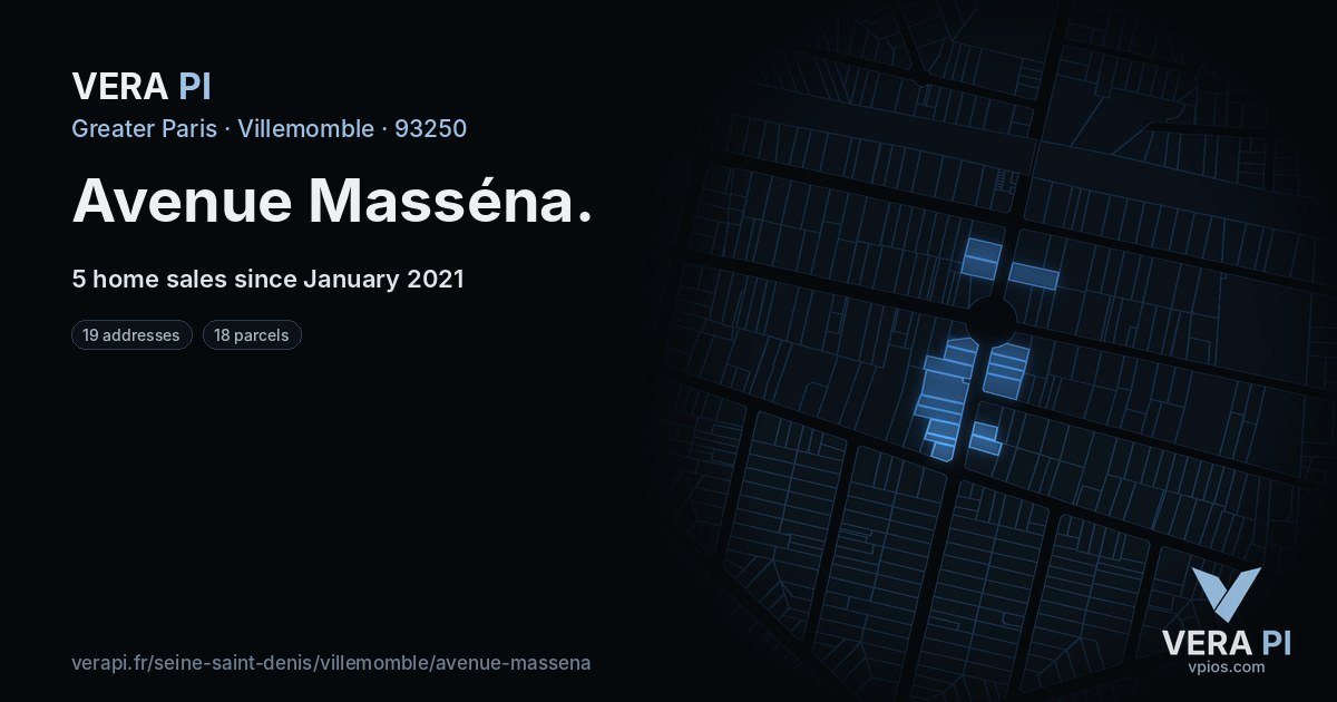 Avenue Masséna, Villemomble at night – every parcel coloured by the prices around it, the street's own parcels lit