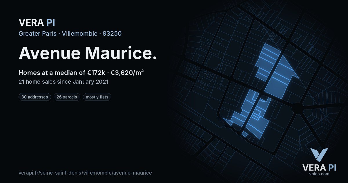 Avenue Maurice, Villemomble at night – every parcel coloured by the prices around it, the street's own parcels lit