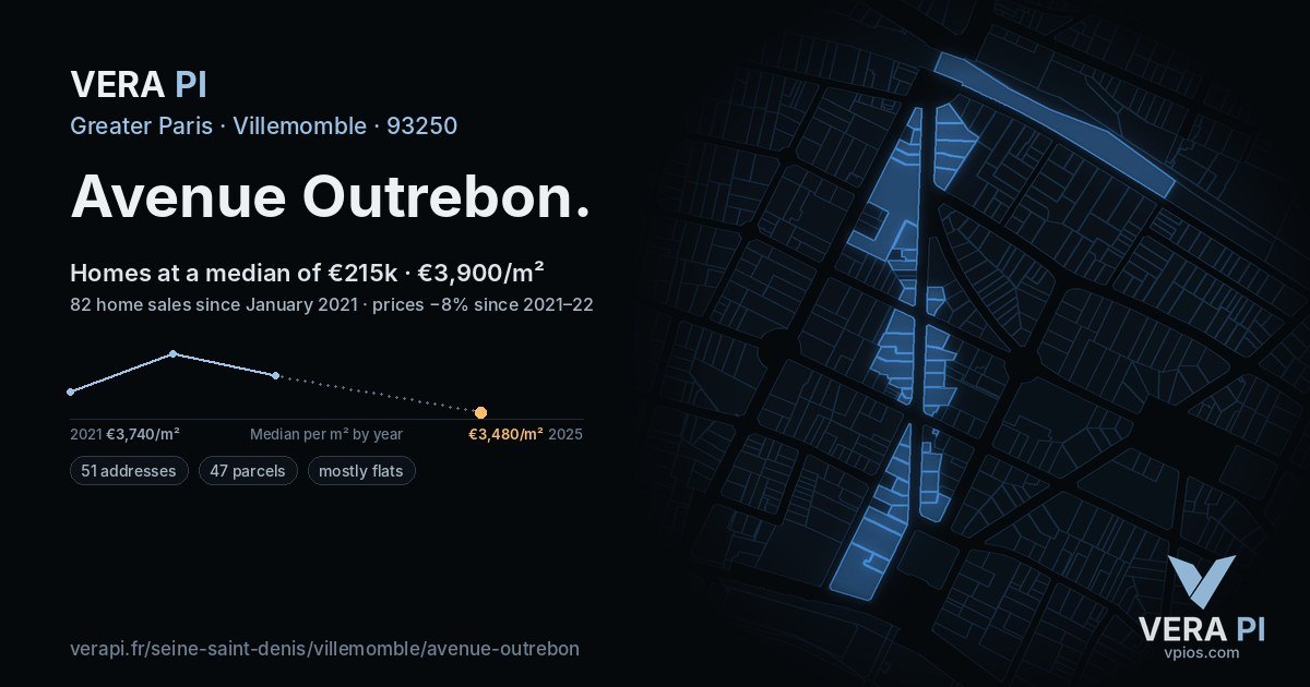 Avenue Outrebon, Villemomble at night – every parcel coloured by the prices around it, the street's own parcels lit