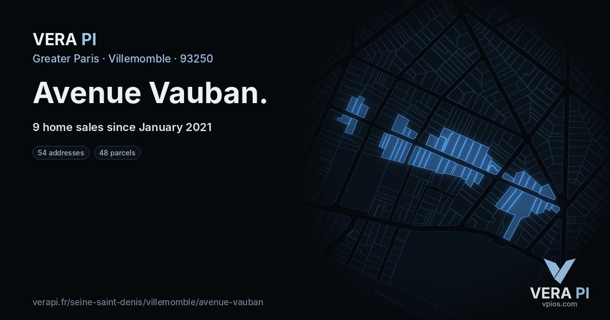 Avenue Vauban, Villemomble at night – every parcel coloured by the prices around it, the street's own parcels lit