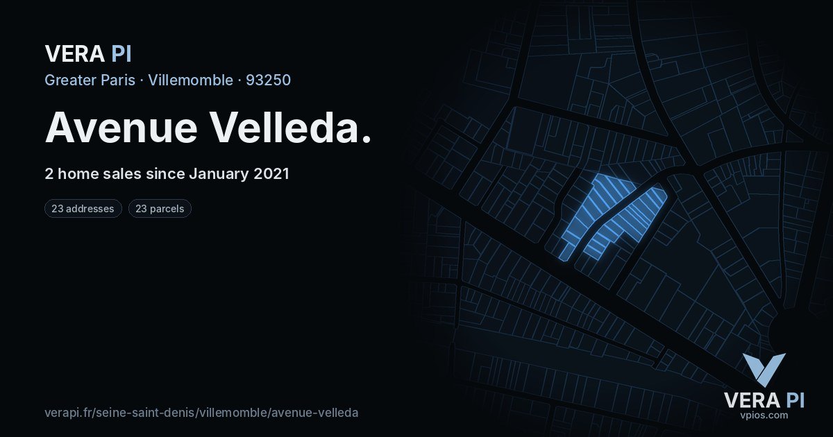 Avenue Velleda, Villemomble at night – every parcel coloured by the prices around it, the street's own parcels lit