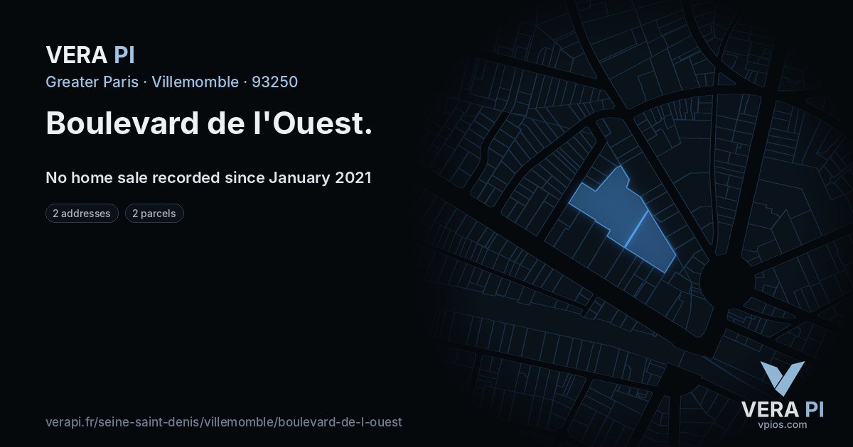 Boulevard de l'Ouest, Villemomble at night – every parcel coloured by the prices around it, the street's own parcels lit