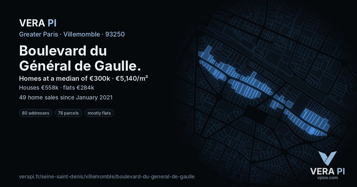 Boulevard du Général de Gaulle, Villemomble at night – every parcel coloured by the prices around it, the street's own parcels lit