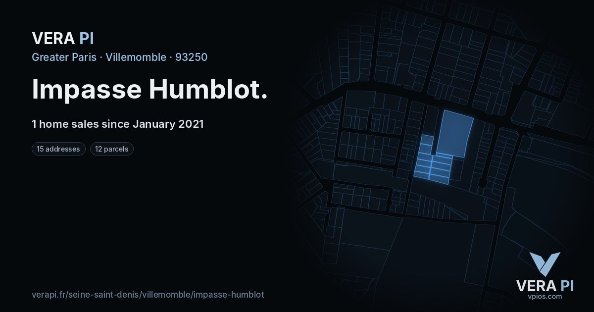 Impasse Humblot, Villemomble at night – every parcel coloured by the prices around it, the street's own parcels lit