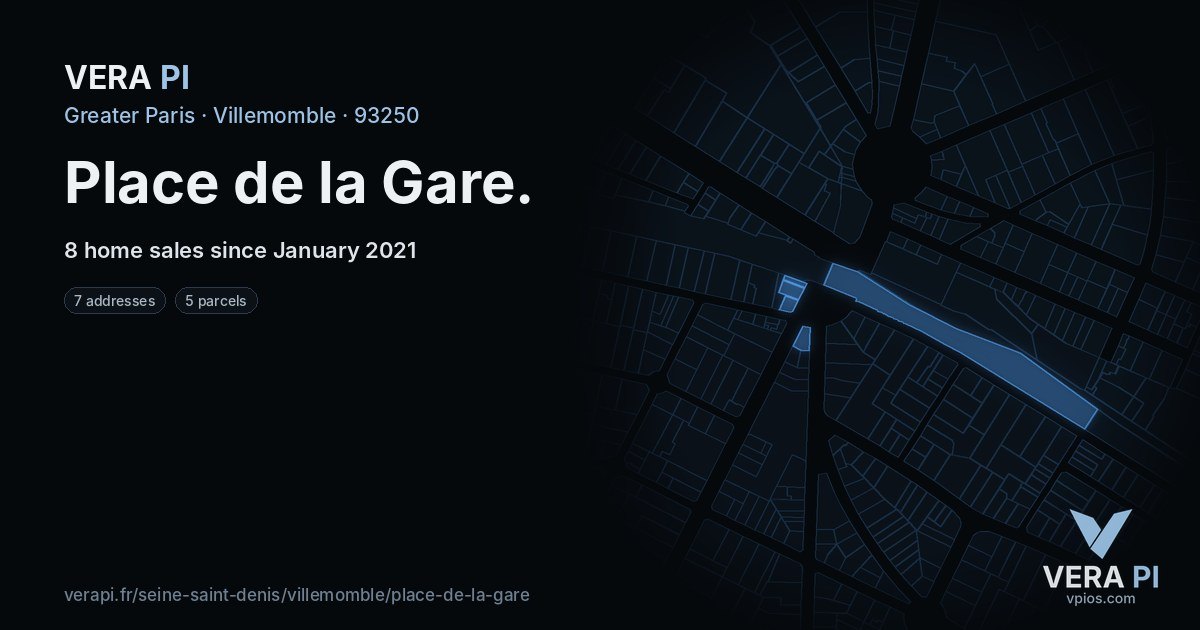 Place de la Gare, Villemomble at night – every parcel coloured by the prices around it, the street's own parcels lit