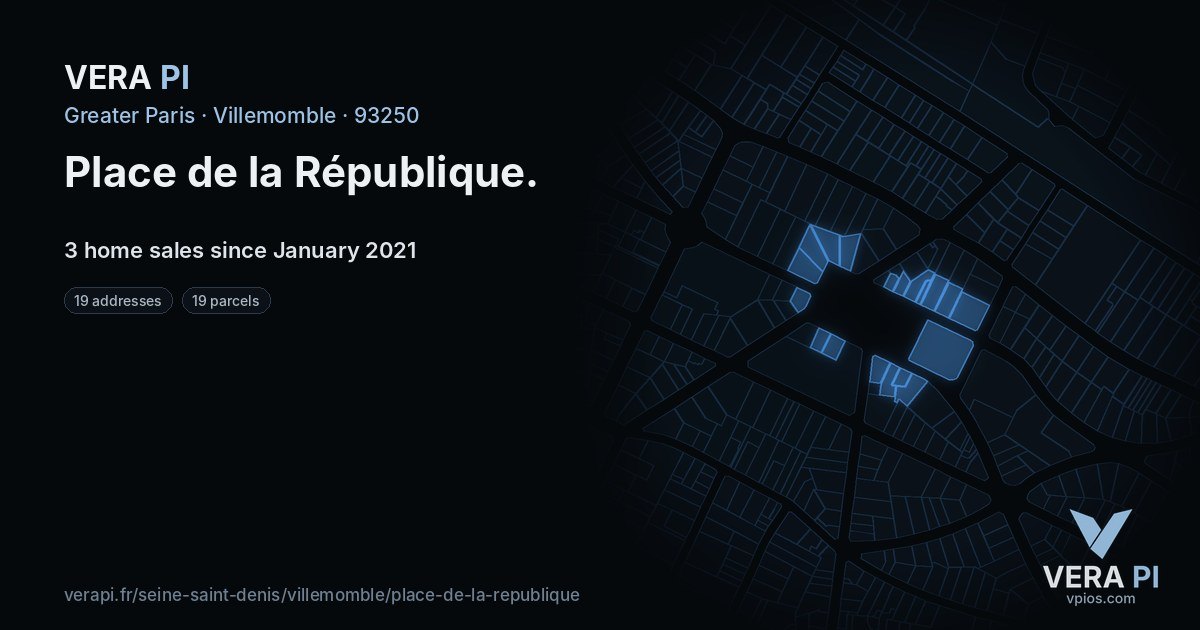 Place de la République, Villemomble at night – every parcel coloured by the prices around it, the street's own parcels lit