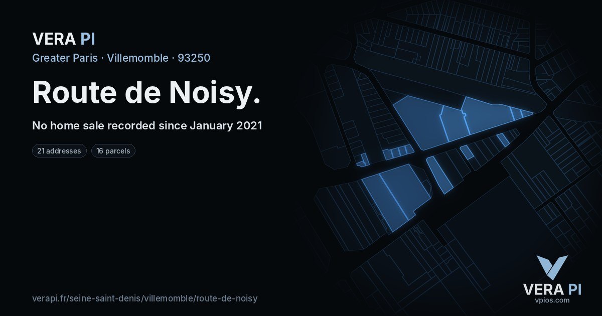Route de Noisy, Villemomble at night – every parcel coloured by the prices around it, the street's own parcels lit