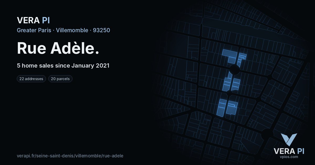 Rue Adèle, Villemomble at night – every parcel coloured by the prices around it, the street's own parcels lit