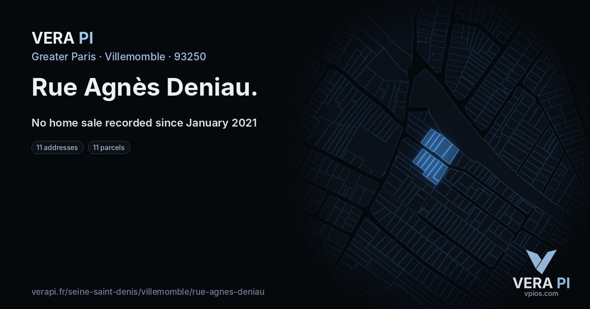 Rue Agnès Deniau, Villemomble at night – every parcel coloured by the prices around it, the street's own parcels lit