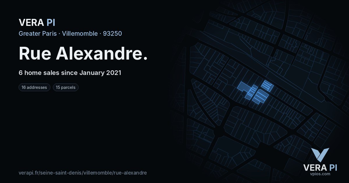 Rue Alexandre, Villemomble at night – every parcel coloured by the prices around it, the street's own parcels lit