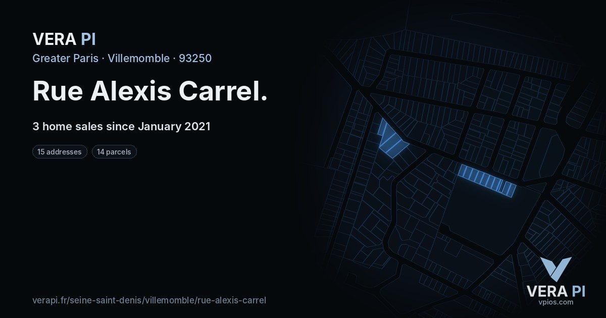 Rue Alexis Carrel, Villemomble at night – every parcel coloured by the prices around it, the street's own parcels lit