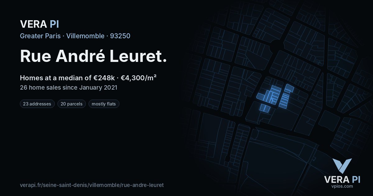 Rue André Leuret, Villemomble at night – every parcel coloured by the prices around it, the street's own parcels lit