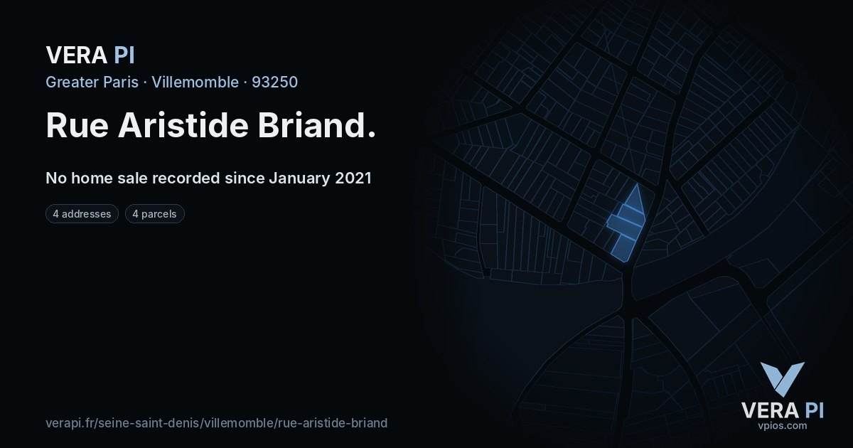 Rue Aristide Briand, Villemomble at night – every parcel coloured by the prices around it, the street's own parcels lit