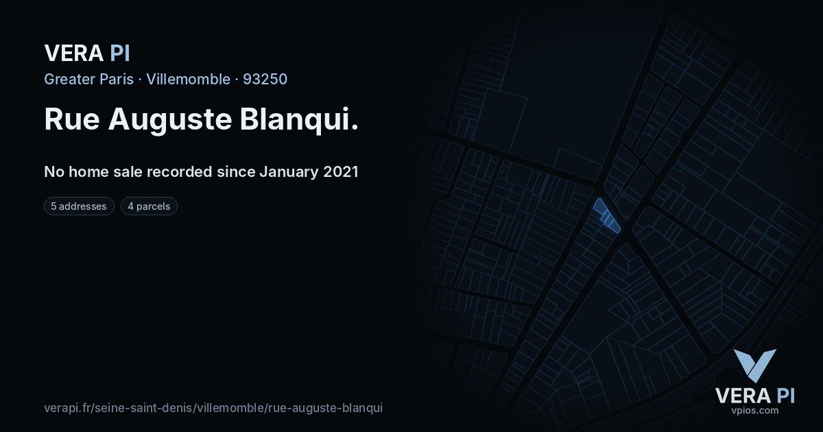 Rue Auguste Blanqui, Villemomble at night – every parcel coloured by the prices around it, the street's own parcels lit
