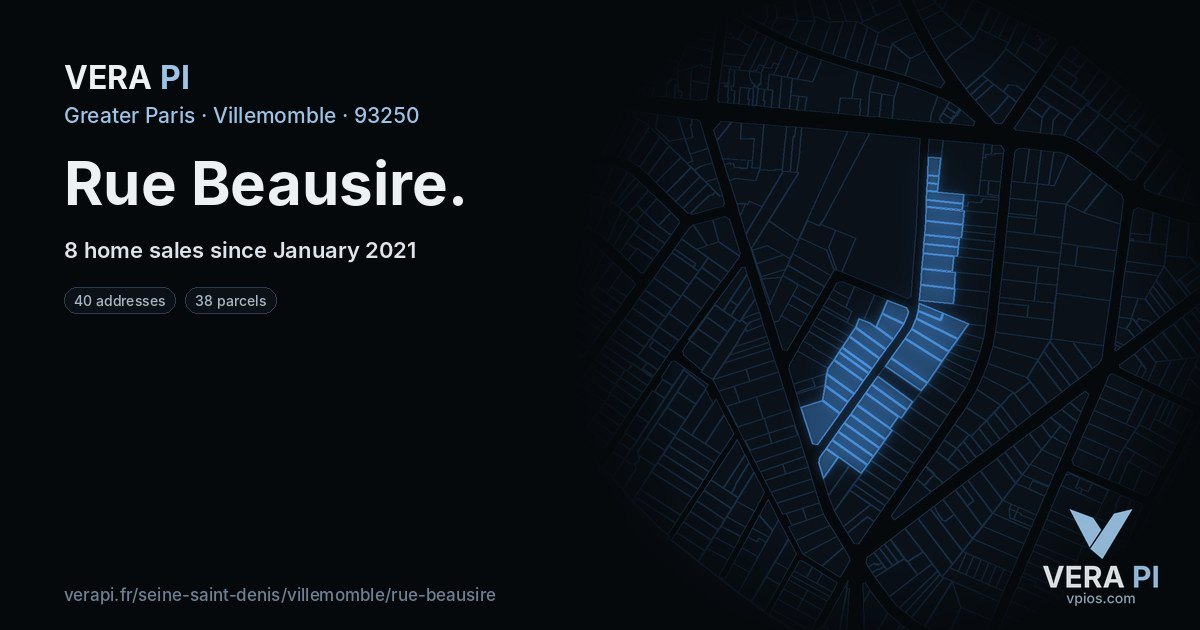 Rue Beausire, Villemomble at night – every parcel coloured by the prices around it, the street's own parcels lit