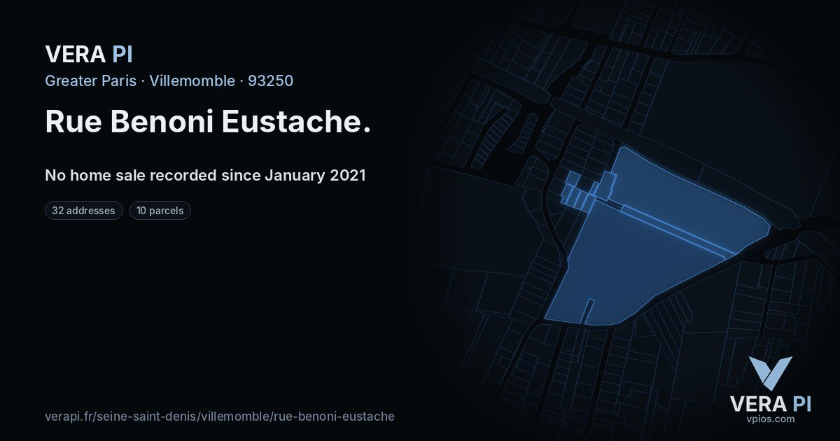 Rue Benoni Eustache, Villemomble at night – every parcel coloured by the prices around it, the street's own parcels lit