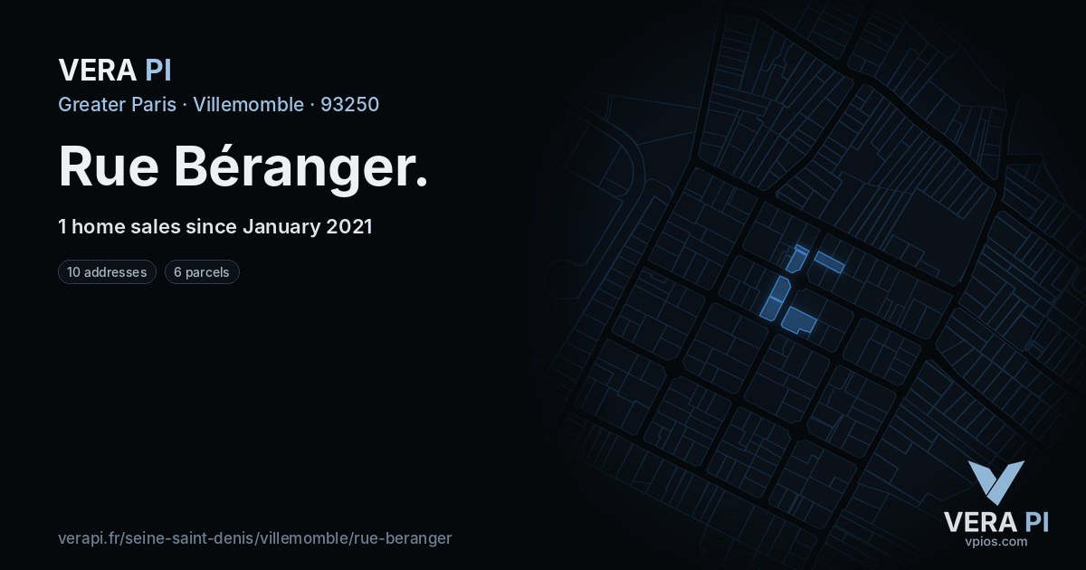 Rue Béranger, Villemomble at night – every parcel coloured by the prices around it, the street's own parcels lit