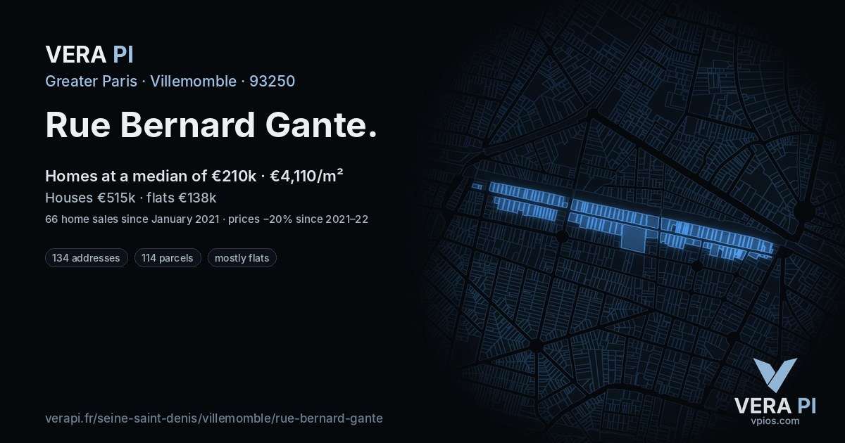 Rue Bernard Gante, Villemomble at night – every parcel coloured by the prices around it, the street's own parcels lit