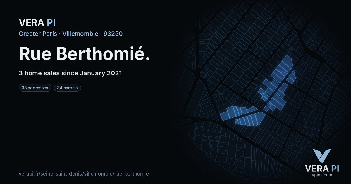 Rue Berthomié, Villemomble at night – every parcel coloured by the prices around it, the street's own parcels lit