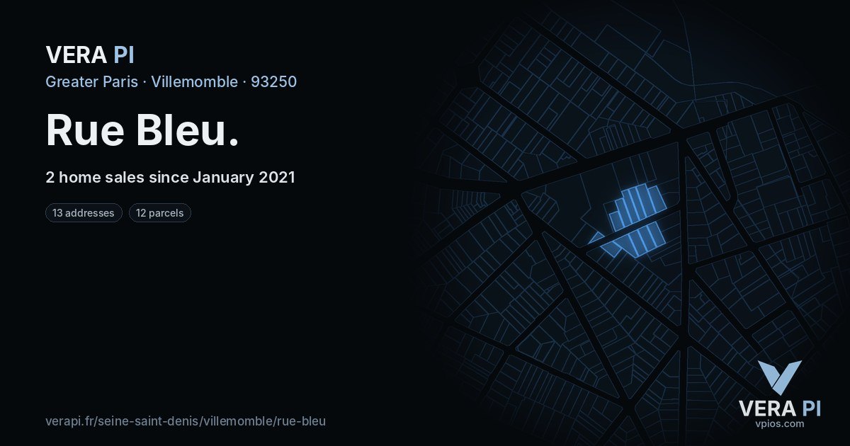 Rue Bleu, Villemomble at night – every parcel coloured by the prices around it, the street's own parcels lit