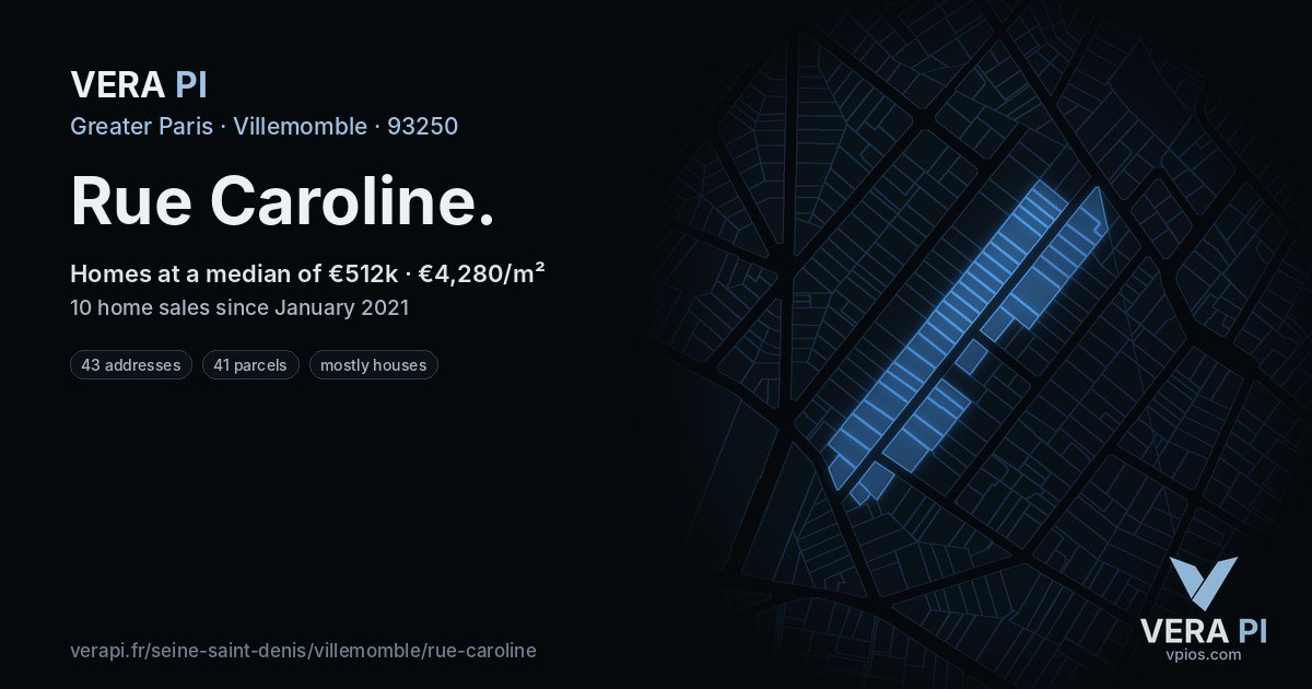 Rue Caroline, Villemomble at night – every parcel coloured by the prices around it, the street's own parcels lit