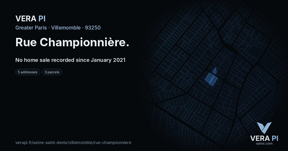 Rue Championnière, Villemomble at night – every parcel coloured by the prices around it, the street's own parcels lit