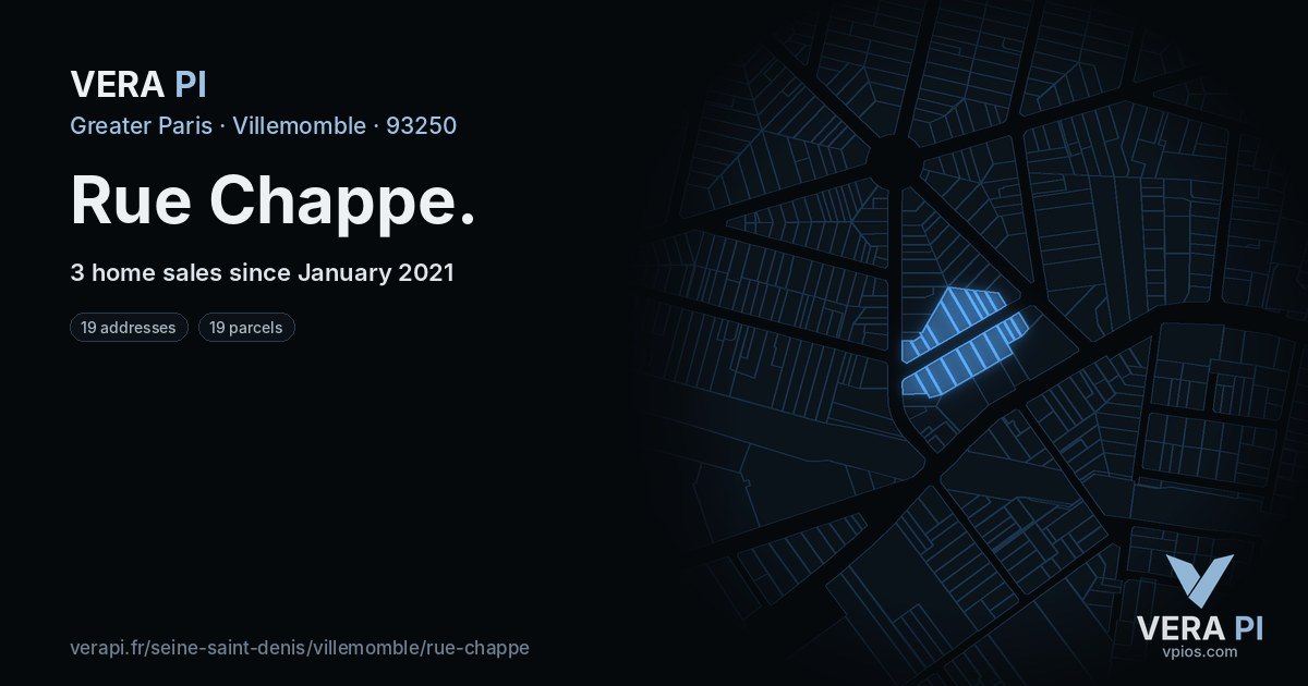Rue Chappe, Villemomble at night – every parcel coloured by the prices around it, the street's own parcels lit