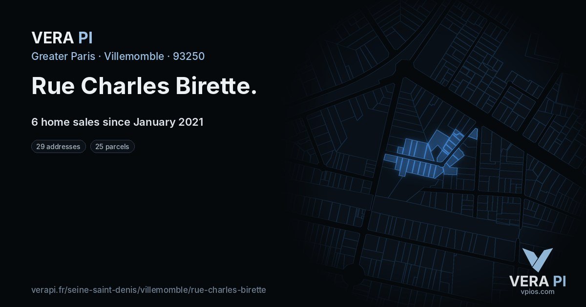 Rue Charles Birette, Villemomble at night – every parcel coloured by the prices around it, the street's own parcels lit