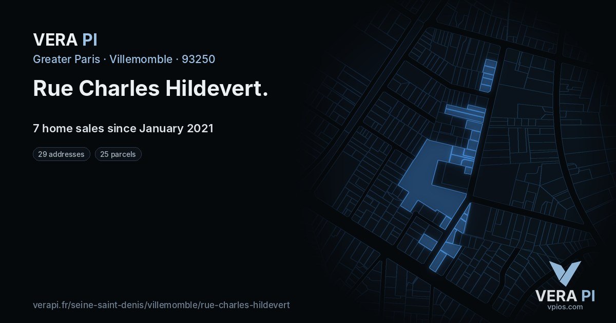 Rue Charles Hildevert, Villemomble at night – every parcel coloured by the prices around it, the street's own parcels lit