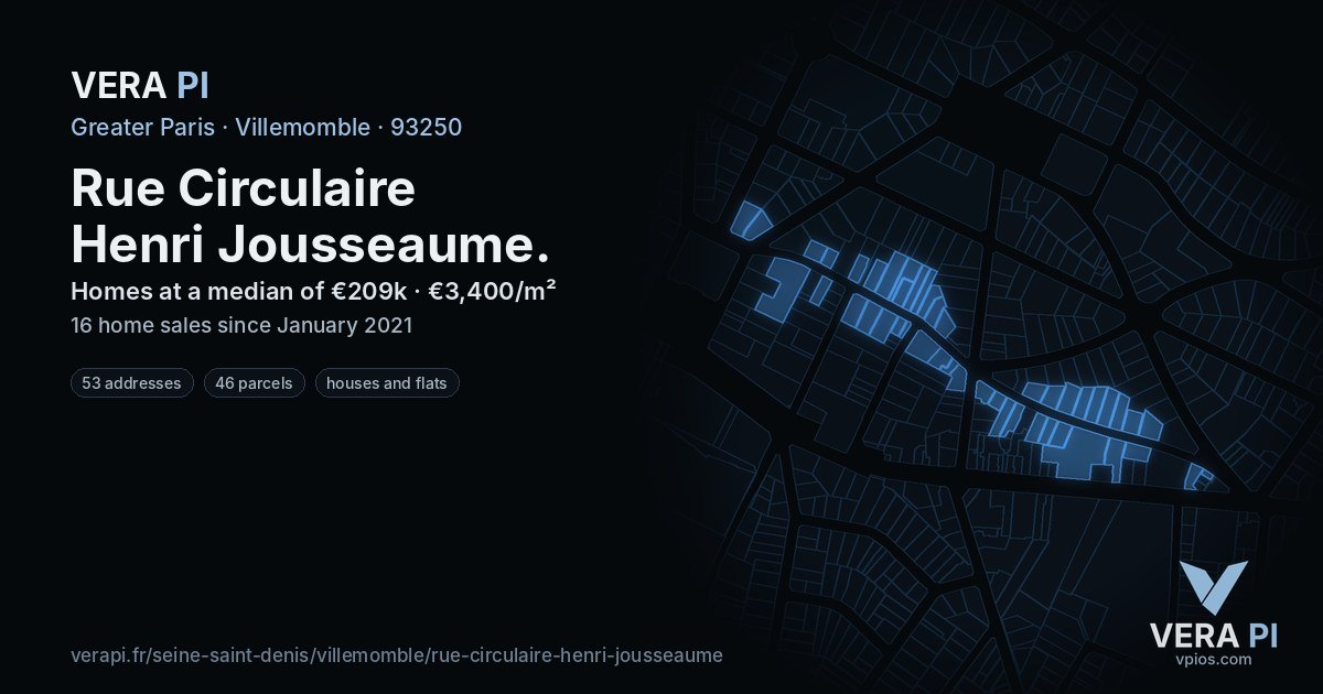 Rue Circulaire Henri Jousseaume, Villemomble at night – every parcel coloured by the prices around it, the street's own parcels lit
