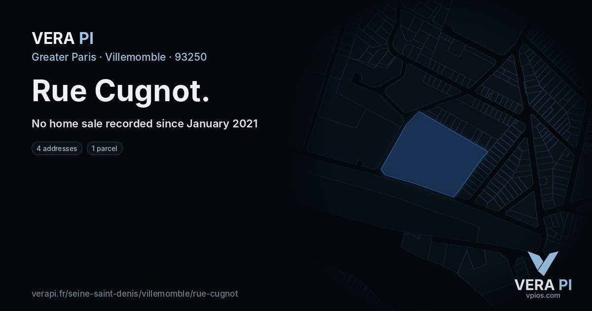 Rue Cugnot, Villemomble at night – every parcel coloured by the prices around it, the street's own parcels lit