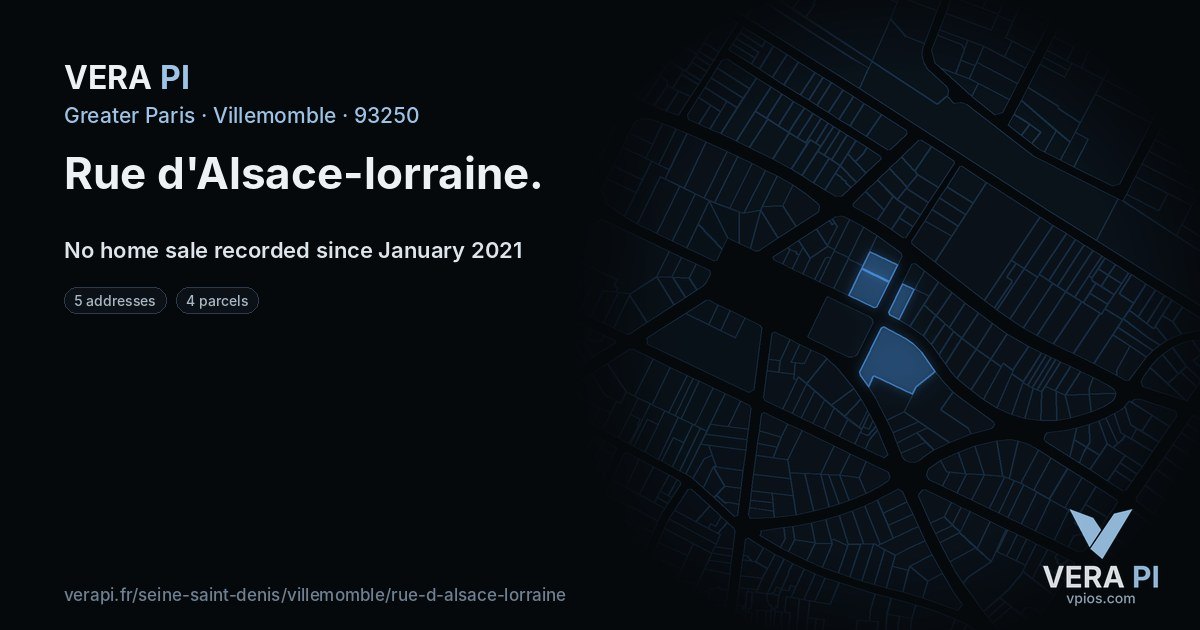 Rue d'Alsace-lorraine, Villemomble at night – every parcel coloured by the prices around it, the street's own parcels lit