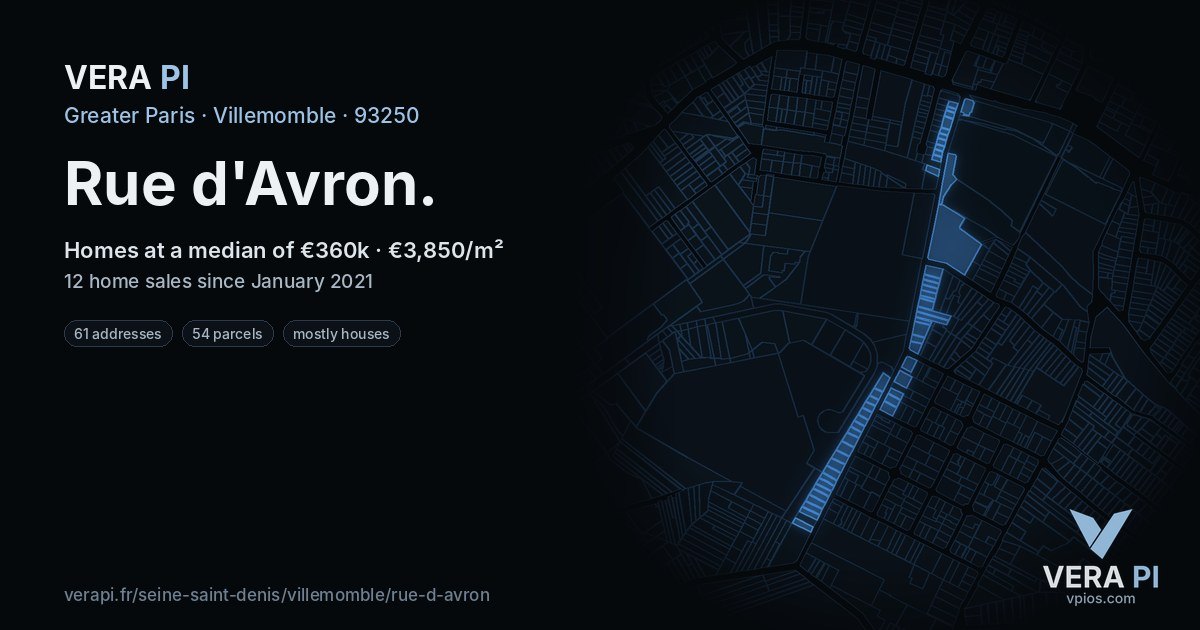 Rue d'Avron, Villemomble at night – every parcel coloured by the prices around it, the street's own parcels lit