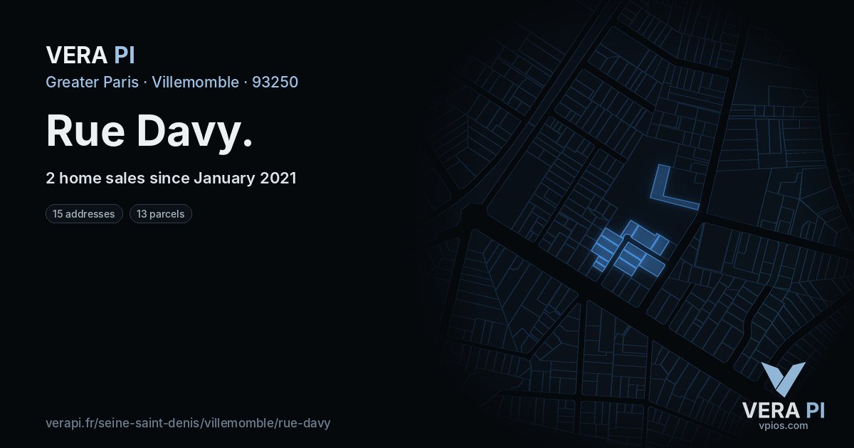 Rue Davy, Villemomble at night – every parcel coloured by the prices around it, the street's own parcels lit