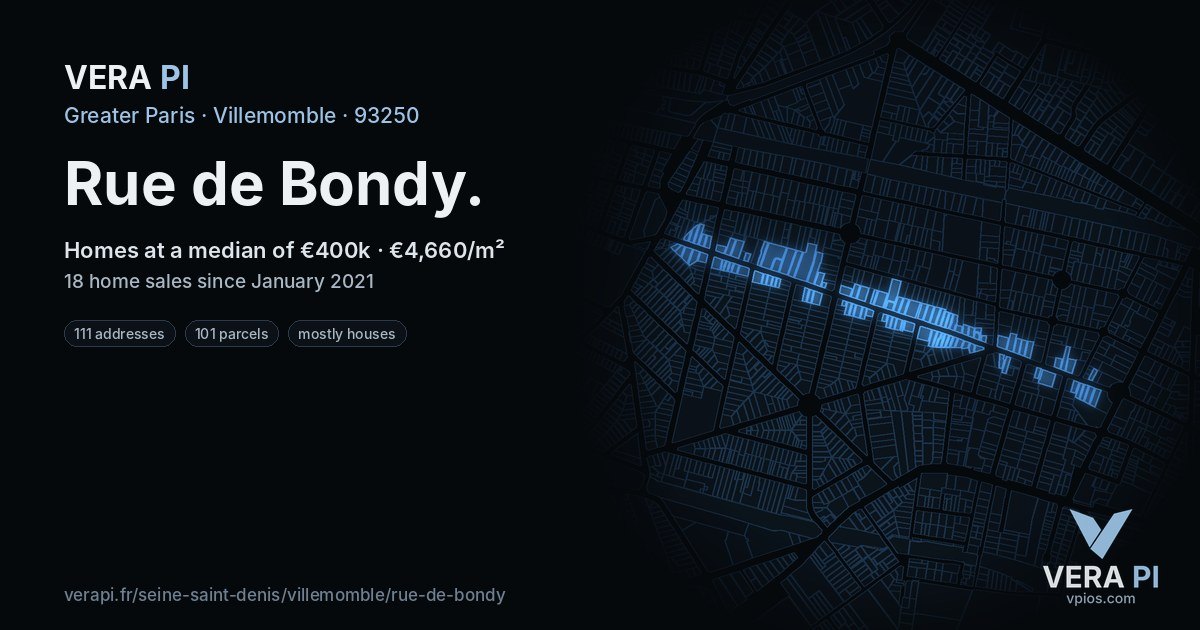 Rue de Bondy, Villemomble at night – every parcel coloured by the prices around it, the street's own parcels lit
