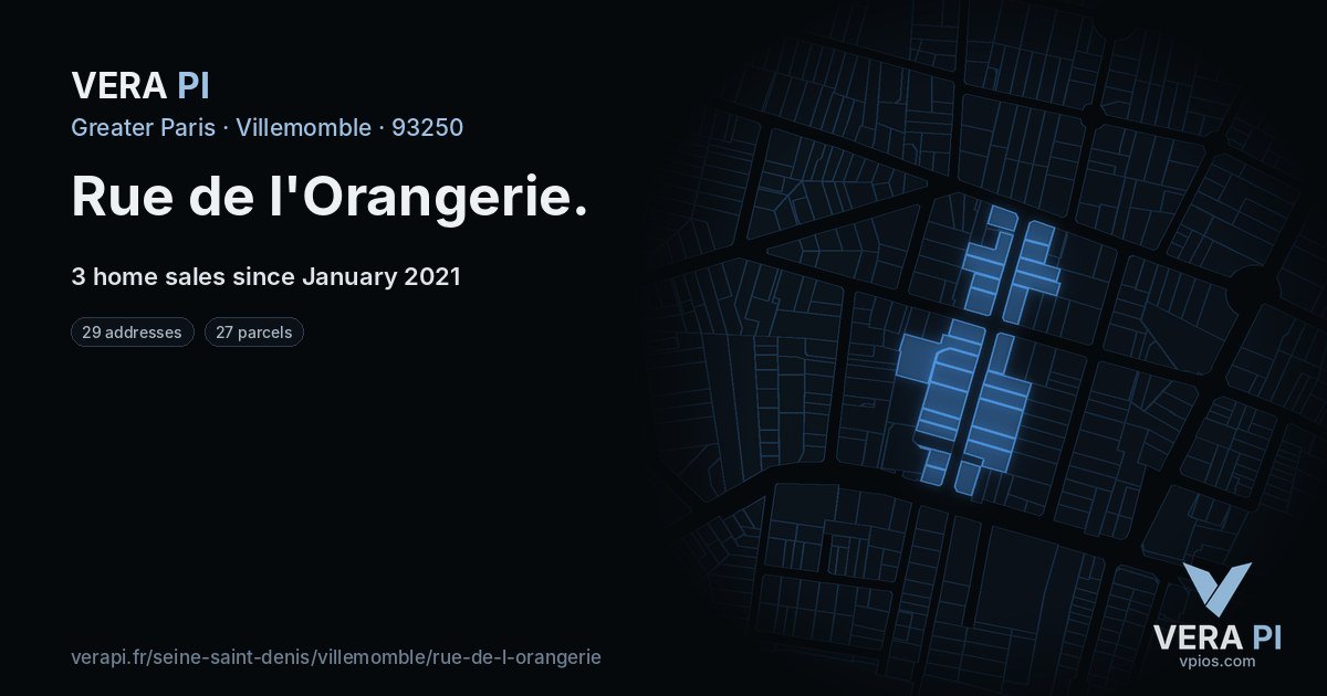 Rue de l'Orangerie, Villemomble at night – every parcel coloured by the prices around it, the street's own parcels lit